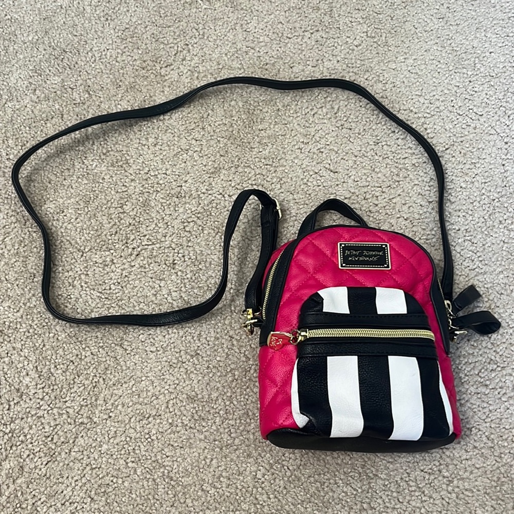 Betsey, Johnson, pink and black and white striped mini backpack purse